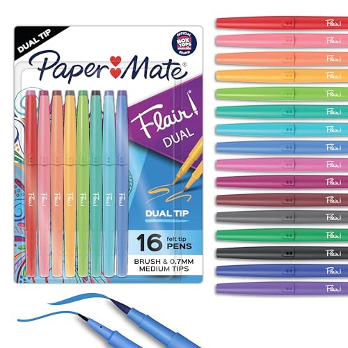 Paper Mate Flair DUAL Felt Tip Pens, Brush and Medium Tips, 16 Count - Journaling, Note-Taking, Hand Lettering
