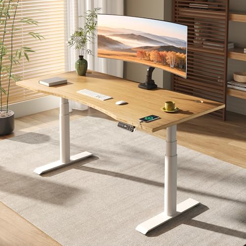FLEXISPOT E6 Pro 72" x 30" Organic Modern Bamboo Standing Desk, Dual Motor 3-Stage Height Adjustable Desk with Oval Legs, Heavy Duty 330lbs, Bamboo Desktop with Ergonomic Curved Edge, White Frame