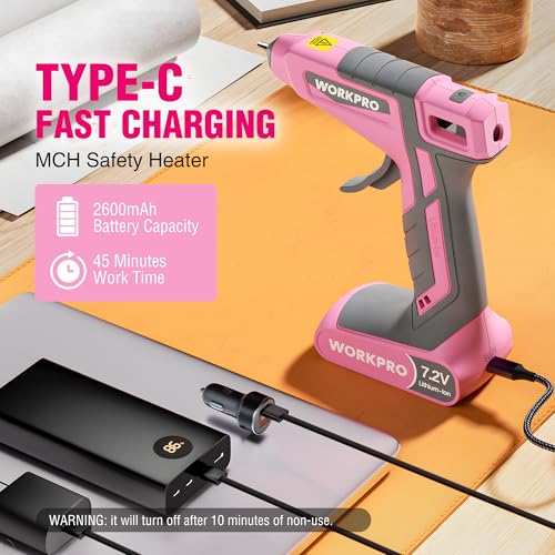 WORKPRO 7.2V Cordless Hot Glue Gun, 30s Fast Preheating, 50 Glue Sticks