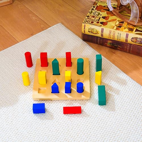 penepico Premium Montessori Geometry Solid Ladder – Wooden Blocks for Size Discrimination, Shape Sorting & Seriation, Sensorial Learning Toy for Toddlers, Homeschool Classroom Ages 3-6