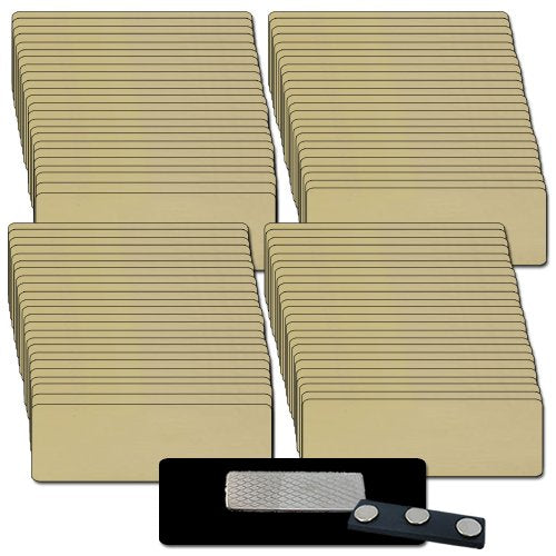 Magnetic Name Badges with Super Strong Magnet Fastener - 100 Pack Kit Includes Crystal Clear Gloss Printable Labels - Gold Name Badges with 1/8th Rounded Corners 1 X 3 Inch Size