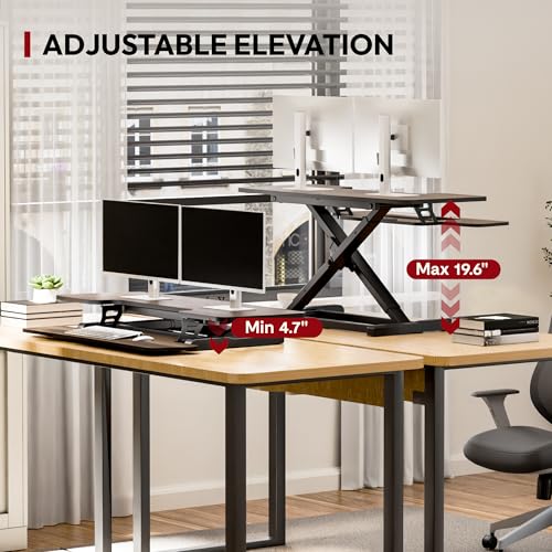 SANODESK 42" Standing Desk Converter, Large Sit-Stand Riser for Dual Monitors & Laptop, Stable Multi-Device Workstation with Keyboard Tray, Home Office Desktop Converter, Walnut