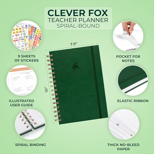 Clever Fox Teacher Planner Spiral, Undated Gradebook Homeschool Dark Green