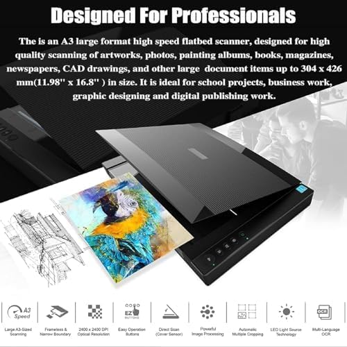 Large Format Flatbed Scanner for Documents and Photo Books, 1200/2400 DPI, Automatic Scanning with LED Light Source (1200DPI)
