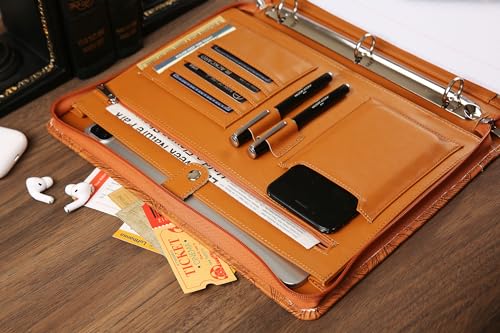 Vegan Leather Portfolio, Personalized 3 Ring Binder Padfolio for Women, Pink Leather, Handmade Organizer, Engraved Resume Folder (Brown Pattern, Custom)