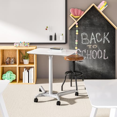 Seville Classics Airlift Height Adjustable Pneumatic Laptop Sit Stand Desk Mobile Rolling Cart, Computer Workstation for Home Office, Classroom, White, 28" Premium Desktop (New Model)