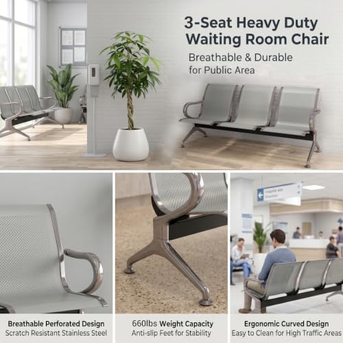 kairohill 3-Seat Metal Waiting Room Chair Durable Steel Waiting Room Bench with Armrests, Reception Chair for the Waiting Area at Hair Salon, Airport, Clinic, Shop & Home, Grey