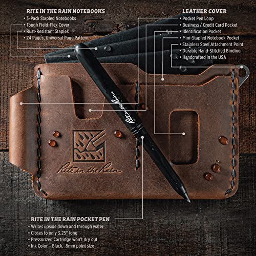 Rite in the Rain The SHERPA Genuine Leather Notebook Wallet Kit, 6.875" x 3.75". Includes an EDC Pocket Pen and a 3 Pack of Stapled Notebooks (No. H771-KIT)