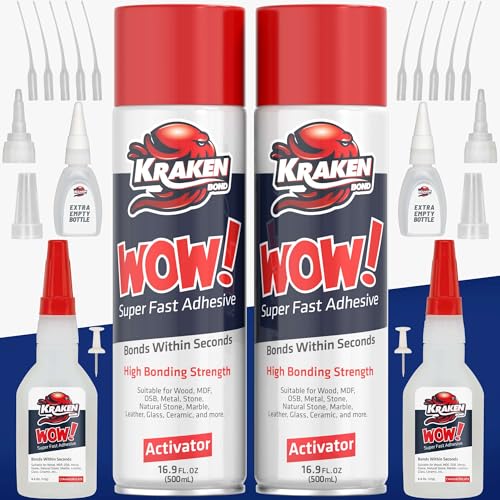 Kraken Bond Wow! CA Glue Set (2x4.4 oz) + Activator Spray (2x16.9 oz) –Super Fast Cyanoacrylate Adhesive Kit for Wood, Plastic, Ceramic, Craft -DIY Repair – 2X Ext. Bottles & 10X Nozzles Inc. 2 Pack