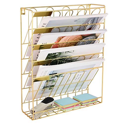 SUNESA File Rack Metal Magazine Newspaper Rack Hanging Wall File Organizer, 5 Slot Wire Metal Wall Mounted Document Holder for Office Home, Gold File Organizer