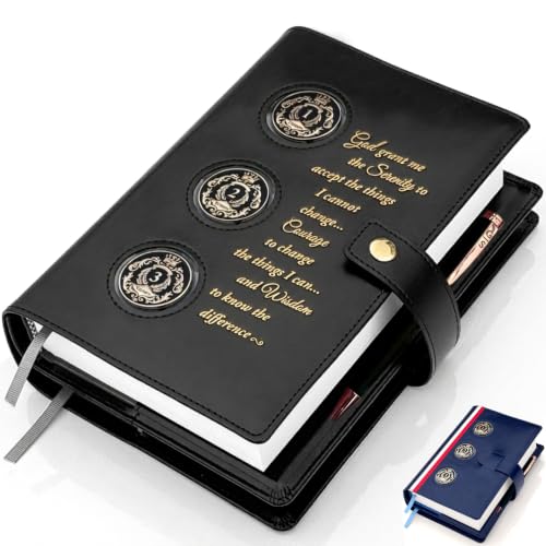 GALILEO® 3-Coin Pocket Double AA Book Cover | Showcase Your Journey | 12 Steps & 12 Traditions | PU Leather Coin Holder | AA Gift | Alcoholics Anonymous (Black/Serenity Prayer/3 Coin Pockets)