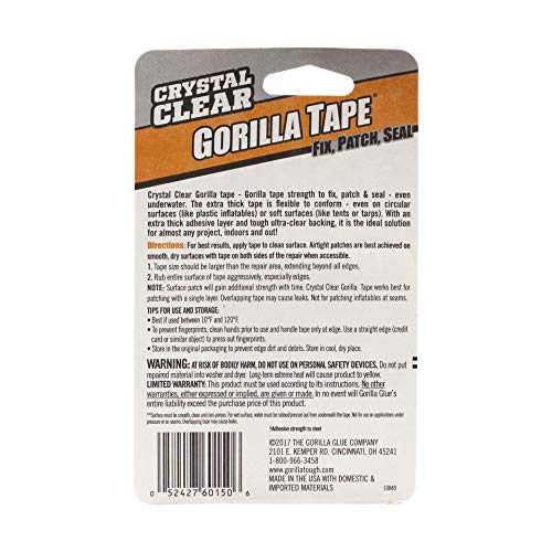 Gorilla Crystal Clear Tape, Duct, Utility, Non-Yellowing, Heavy Duty, Extra Thick Adhesive, Flexible, UV Temperature Resistant, 1.5 in x 15 ft, (Pack of 1), 6115002