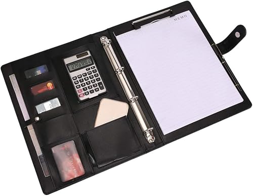 HFZJYSHN Portfolio Binder Conference Folder A4 Men's and Women's Leather Business Folder Professional Vegan Leather Combination with Document Bag Calculator Notepad Pen Pockets for Office Work(Gray)