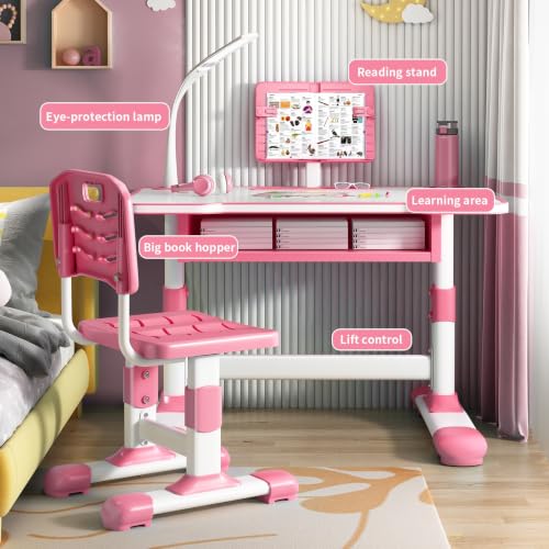 Study Desk Chair Set, Height Adjustable Writing Table with LED Light