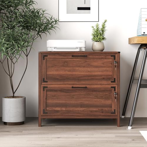 TERRUPEX Farmhouse File Cabinet with Lock, 2-Drawer Wood Filing Cabinet for Home Office, 31.5 Inch Wide Storage Organizer with Key Lock for Letter/Legal Size Files, Rustic Style in Walnut Finish
