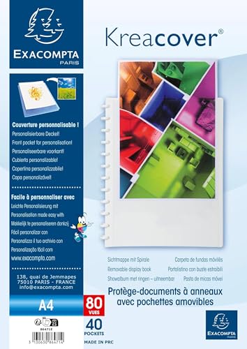 Exacompta - Ref 86471E - Box of 4 Removable Ring Binder with 40 Removable Grained Pockets - 80 Views - A4 - Size 24.5x31cm - Customizable Hard Cover Kreacover -White