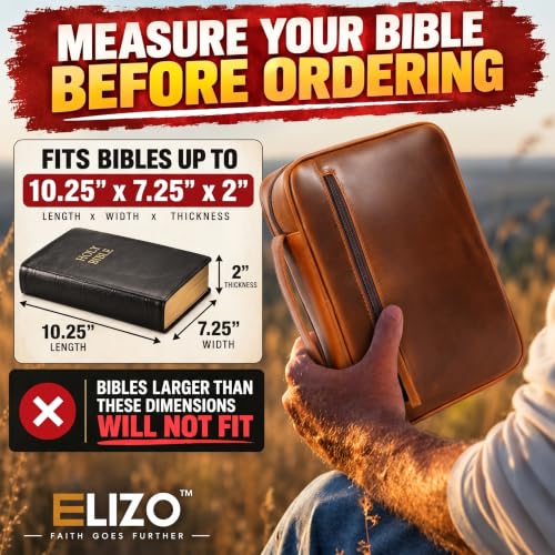 ELIZO Full Grain Leather Bible Cover for Women, Floral Large Bible Cases for Woman, Genuine Leather Sleeve Pouch Organizer Protector Carrying Bag with Zipper Christian Gifts for Women Bookmark, Cognac