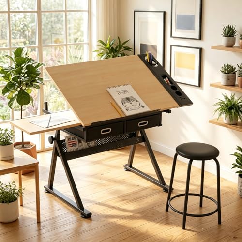 Japovker Artist Drawing Desk, Tilting Drafting Table with Adjustable Height 0-75° – 2 Drawers & Side Storage with Stool for Home Studio, Art Class, Designers (Maple+Black)