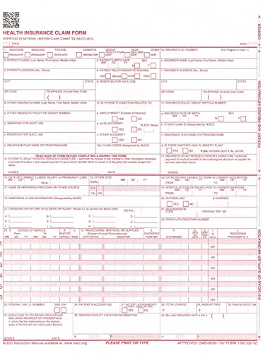 Health Insurance Claim Forms, New CMS-1500, HCFA (04/14 Medicare Approved 02/12 Version), 1-Part, 8.5" x 11" 24-lb Paper - 1 CASE OF 2500 SHEETS/FORMS