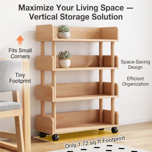 LLXMGRSH Rolling Bookshelf with Wheels, 4 Tier Mobile Bookcase, Narrow Storage Cart with Casters, Wood Standing Organizer, Portable Shelving Unit for Living Room, Bedroom(A,80CM/31.4IN)