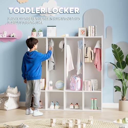 IDEALHOUSE 4-Section Classroom Coat Locker with 4 Cubbies, Daycare Cubby Storage Organizer with 8 Hooks for Home, School, Nursery, Kindergarten, White