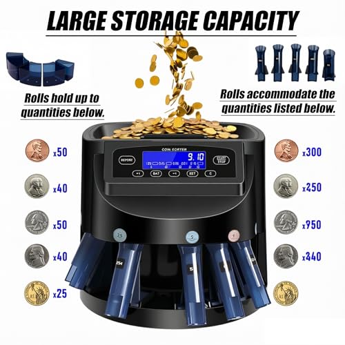 Coin Counter Machine, Electric Coin Sorter and Wrapper with LCD Display, 300-500 Coins Capacity Automatic Change Counter & Roller for Home Office Retail - High-Speed Counting