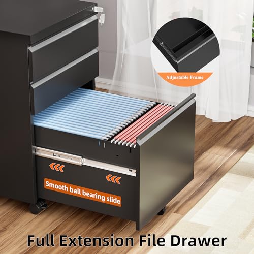 INTERGREAT 3 Drawer File Cabinet, Metal Filling Cabinets with Lock, Locking Office Mobile Cabinet with Wheels for Legal/Letter Size, Under Desk, Assembled, Black