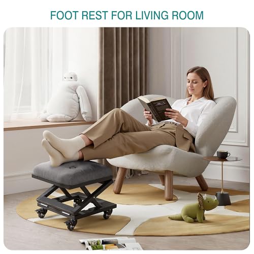 VECELO Foot Rest Under Desk at Work, Height Adjustable Rolling Foot Stool Set of 2 with Wheels, Cushioned Seat for Living Room, Bedroom, Home Office, Grey