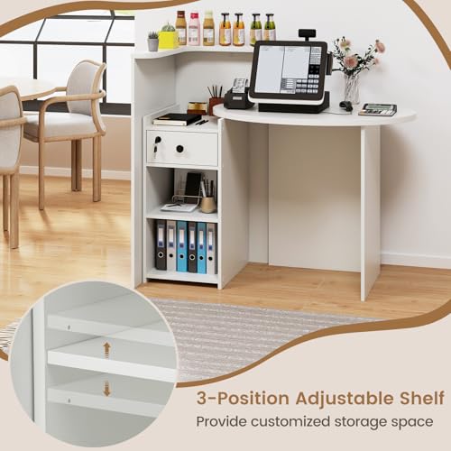 SILKYDRY Reception Desk, Small Retail Checkout Counter with Lockable Drawer and Open Shelves, Wooden Front Desk Reception Counter, Oval Desktop & L Counter for Store Office Lobby Salon (White)