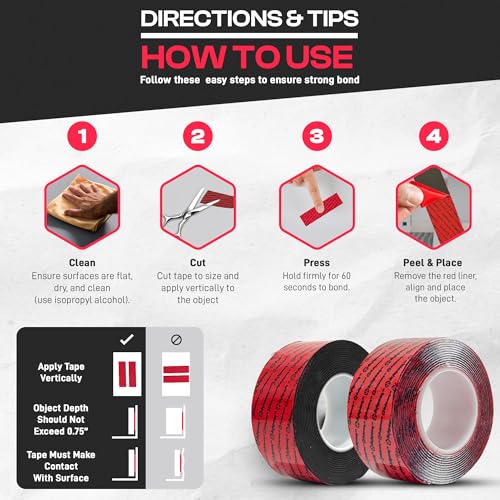 GripBond Black Super Bond Heavy Duty Double Sided Tape, 4 Rolls (18.3 Ft), 1.2” x 220” – Waterproof Adhesive Mounting Tape for Indoor/Outdoor, Walls, Automotive, Car, LED Strip Lights, Home, Office