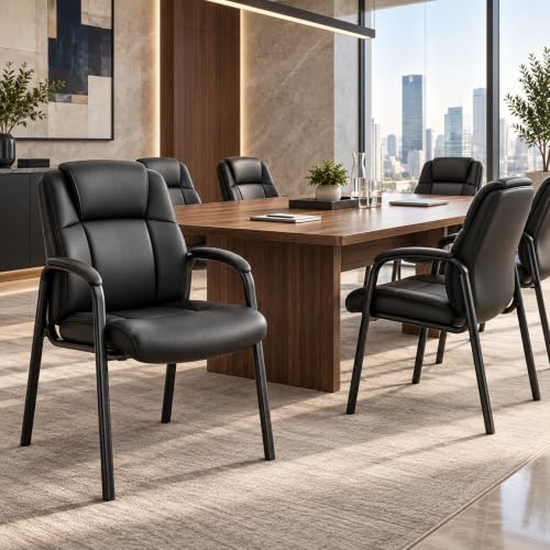 Simple Deluxe Office Guest Chair with Padded Arm Rest No Wheels, Waiting Room Reception Leather Stationary Chairs for Conference Room, Lobby, Home, Desk Table Side, Dining, 2 Pack Thickened Cushion