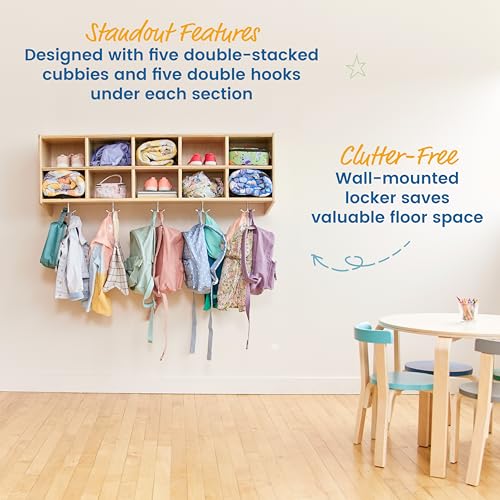 ECR4Kids Streamline 10-Section Wall-Mounted Hanging Cubby Coat Locker, Classroom Furniture, Natural