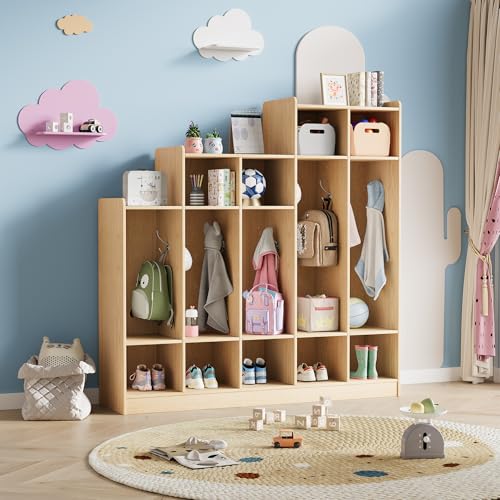 Naiveferry 5-Section Classroom Coat Locker with 9 Cubbies, Step-Down Kids Cubby Storage Organizer with 10 Metal Hooks, Daycare Preschool Mudroom Lockers for School Entryway Nursery, Light Oak