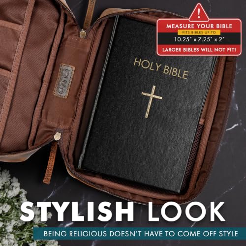 ELIZO Leather Bible Cover for Men Bible Case for Women Zippered Holder Protector Cross Church Tote Bag Carrying Organizer Sleeve Gift Study Antique