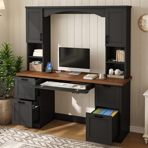 EWUZOSE Arched Computer Desk with Hutch Charging Station and File Drawer (Engineered Wood,Black)