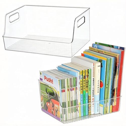 2Pcs Clear Book Storage Desk book Organizer Book Display Case, Large Arylic Storage Containers with Handle For Books, Files, Food, Cosmetics, bathing articles