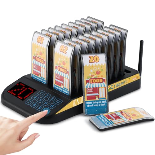 Crispaire Restaurant Pager System (Upgraded 20-Pager Set) Wireless Calling System with Charging Indicators 7 Customizable Alarm Modes and Extended Long-Range for Restaurants Food Trucks and Hospitals