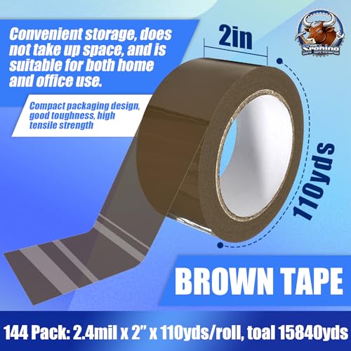 Srehloe 144 Rolls Brown Duct Tape 2 Inch x 330 Feet (110 Yards) Heavy Duty Carton Packing Tape Shipping Carton Box Sealing Tapes Suitable for Dispenser Refill Moving Storage Shipping