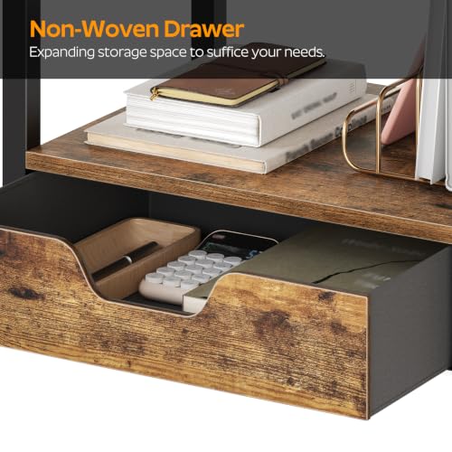YATINEY Desktop Printer Stand, 2-Tier Printer Table with Non-Woven Drawer, Multi-Purpose Desk Organizer for Home Office, Under Desk Open Organizer Shelf, Rustic Brown PS01BR
