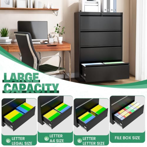 VIYET 4 Drawer File Cabinet,Metal Lateral Filing Cabinet with Lock,Home Office Storage Organizer Cabinet for Legal/Letter/A4/F4 Size Files,35.5" W,Black
