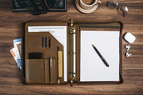 Genuine Leather Portfolio Binder, Vintage Leather Binder 3 Ring, Personalized Portfolio Organizer for Men & Women, Custom Padfolio Folder with Name/Logo Engraved (Khaki)