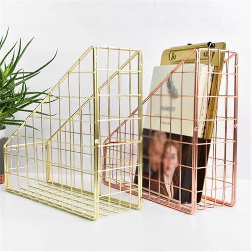 File Rack Nordic Wrought Iron Grid File Holder Simple Single Layer Desk Shelf Magazine Book Storage Rack Home Office Stationery Organizer Letter Trays(Rose Golden)
