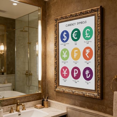 What Are The CURRENCY SYMBOLS Currency Chart Poster Educational Posters Money Poster Math Rules Classroom Decor Canvas for Elementary Middle School Classroom Education Retro Gold Frame24"L X 36"W