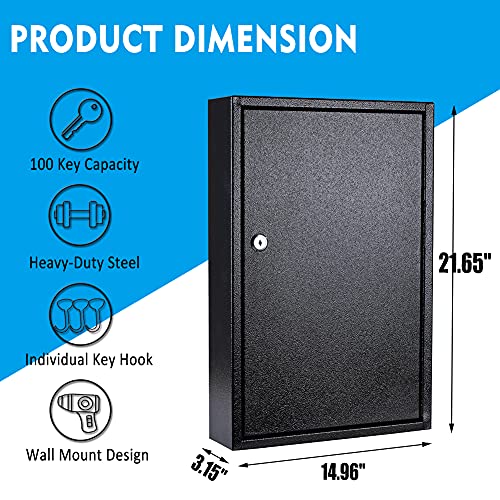 UMEKEN Metal Valet Key Cabinet - 100 Position Car Key Lock Box with Key Tags, Vehicle Organizer Safe Storage Locker, Black, 14.96" x 3.15" x 21.65"