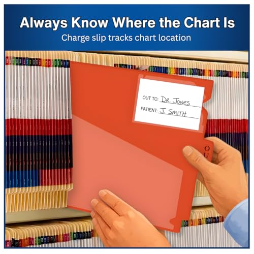 Doctor Stuff - Center Tab Vinyl Out Guides, Diagonal Cut Front Pocket, Top Charge Out Slip Pocket, Plastic File Folder, Letter Size 9" x 13-1/4", Orange, 100/Box