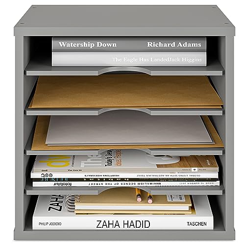 Ballucci 5-Tier File Organizer for Desk, Wooden Mail Sorter, Office Desk Organization, Paper Storage Organizers, Folder Holder for Desk, Letter Trays & Stacking Supports, Gray