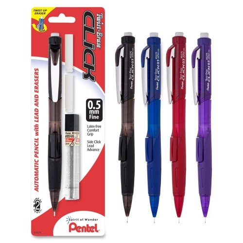 Wholesale CASE of 25 - Pentel .5MM Twist Erase Click Mechanical Pencils-Mechanical Pencil, w/Twist Eraser, Refillable, 0.5mm, Asst.