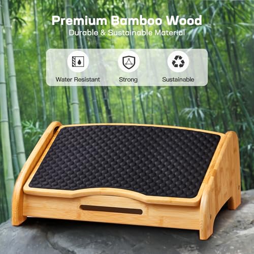 HUANUO Bamboo Under Desk Footrest with 4 Heights and Massage Texture