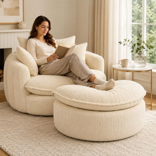 HOYOC Plush Ottoman Foot Rest, Upholstered Pouf Foot Stool with Soft Polyester Fabric, No Assembly Footrest Pedal for Couch, Sofa, Living Room, Bedroom & Office,Beige