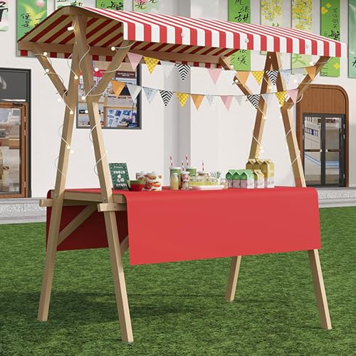 Foldable Market Stalls Display Stand with Canopy, Wooden Business Food Vendor Cart 6 Feet Tall for Street Sale Booth/Craft Show/Festivals Party Decoration(Red 1,Wide 59in)